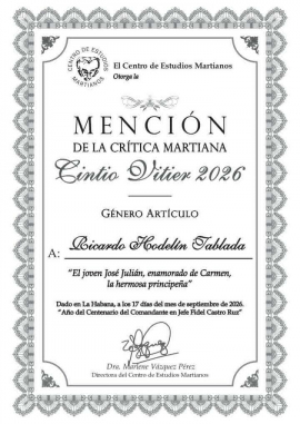 Dos santiagueros ganan Mención en el Premio Nacional de la Crítica Martiana Cintio Vitier 2026