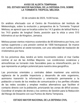 Emiten aviso de alerta temprana para Tormenta tropical Melissa